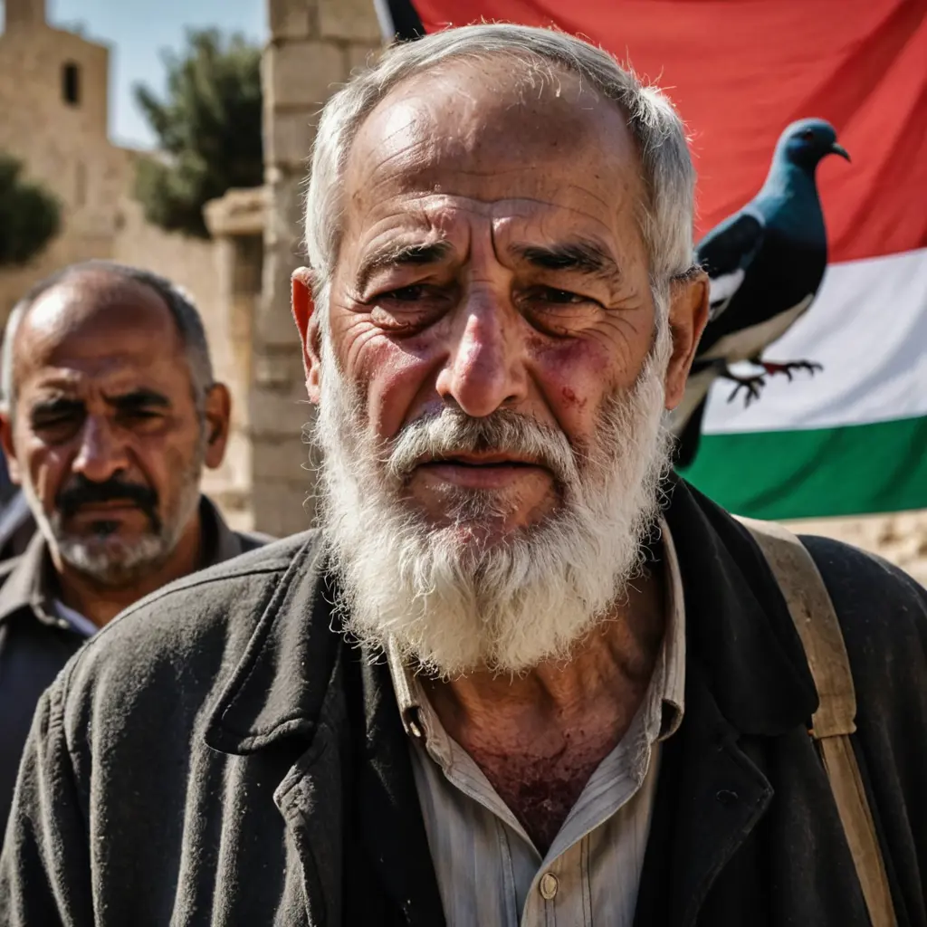 شايب عجوز يبكي ودموعه علي لحيته الكثيفة وبيده غصن زيتون ملطخ بالدماء وحمامة السلام تقف علي كتفه وخلفه علم فلسطين ملطخ بالدماء 