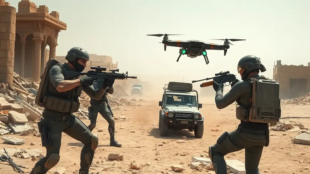 Ground conflict scene in a ruined desert town between futuristic Iranian Quds Force and elite Israeli special forces — both in high-tech gear with exoskeletons, HUD visors, and tactical drones assisting. Rubble, dust, destroyed vehicles in background. Realistic tension, neutral portrayal, high detail, cyberpunk war aesthetic.
