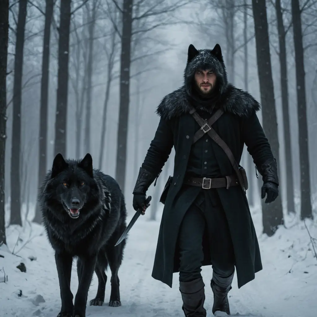 رجل الاساسن يحمل سيف على ضهره يمسك بذئب اسود ضخم يمشي في وسط غابة ليلة شتاء الصورة من الامام