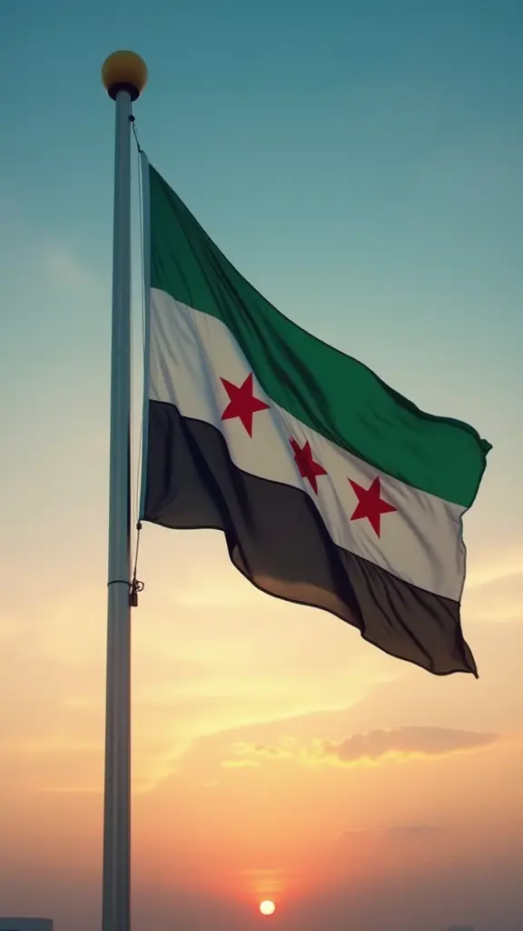 علم سوريا الحرة علم يتكون من ثلاثة أشرطة أفقية: الشريط العلوي أخضر، الشريط الأوسط أبيض يحمل ثلاث نجوم حمراء، والشريط السفلي أسود. العلم يرفرف عالياً في السماء مع خلفية غروب الشمس التي تضفي جواً من الشاعرية والمشاعر الوطنية. تظهر السماء متدرجة الألوان بين الأزرق والبرتقالي، مما يضيف لمسة رمزية تعكس الأمل والتحدي.