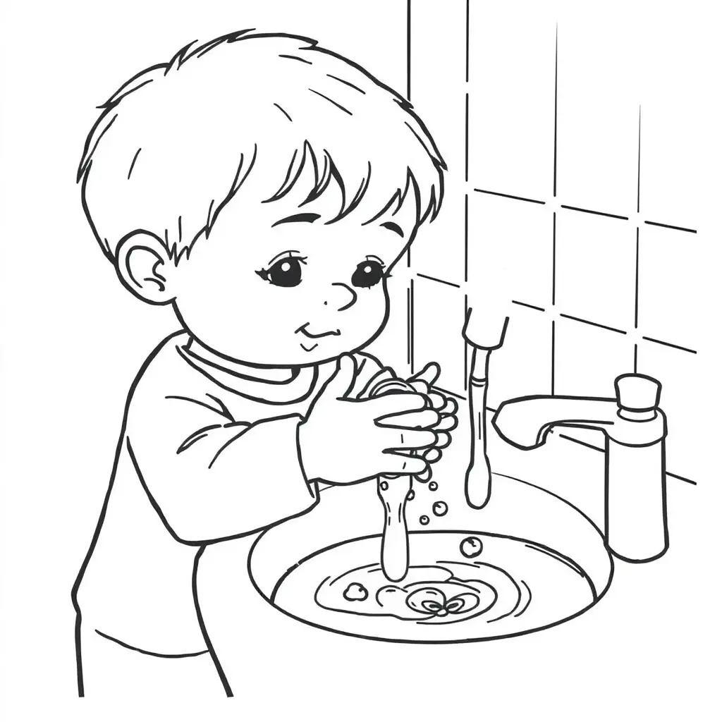 رسم للتلوين لطفل يغسل يديه بالصابون