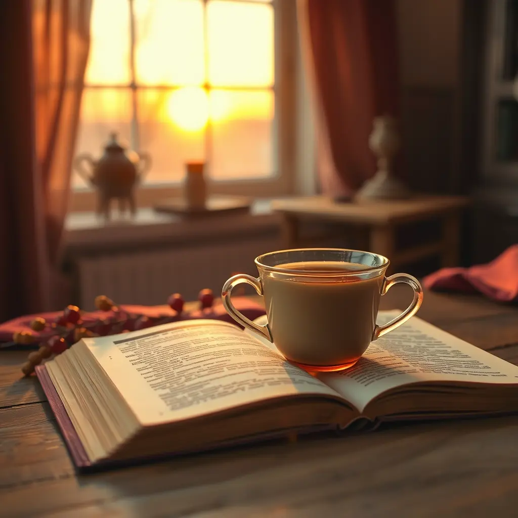 كأسا من الشاي على كتاب مفتوح بنمط منزلي قديم مع الفجر خلف الكتاب مع الالوان الدافئة مثل الخمري