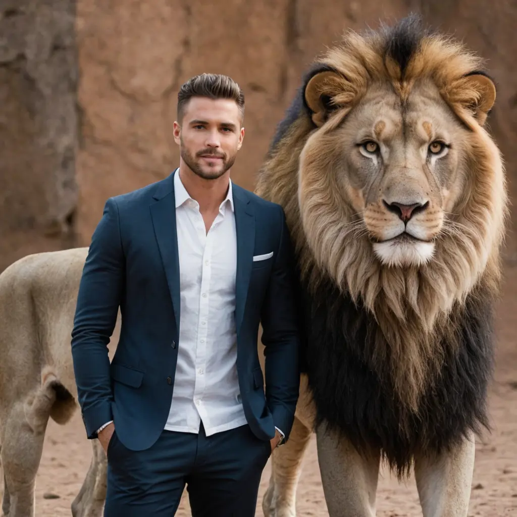 رجل وسيم يقف بجانب أسد باللونين الأسود والأبيض