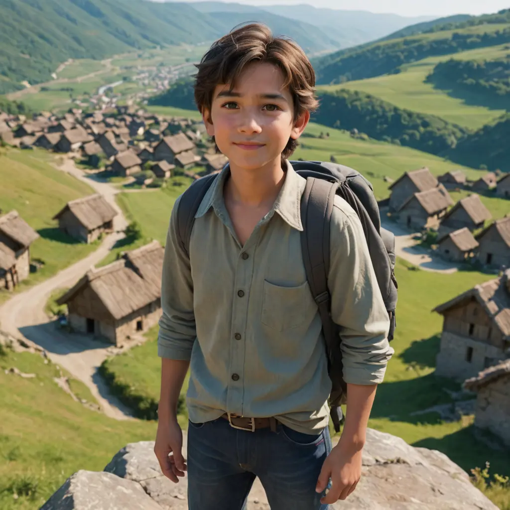 صوره ولد متوسط السن ينظر من أعلي الجبل علي قريته بشكل انميشن وحاطط أيده ف جيبه