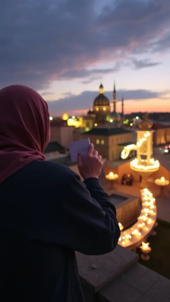 خلفيه لون ابيض فيها فانوس رمضان من اليمين واليسار والارض قاعده حجر لوضع المنتج عليه وبالارض فانوس رمضان بشكل كبير وهلال رمضان