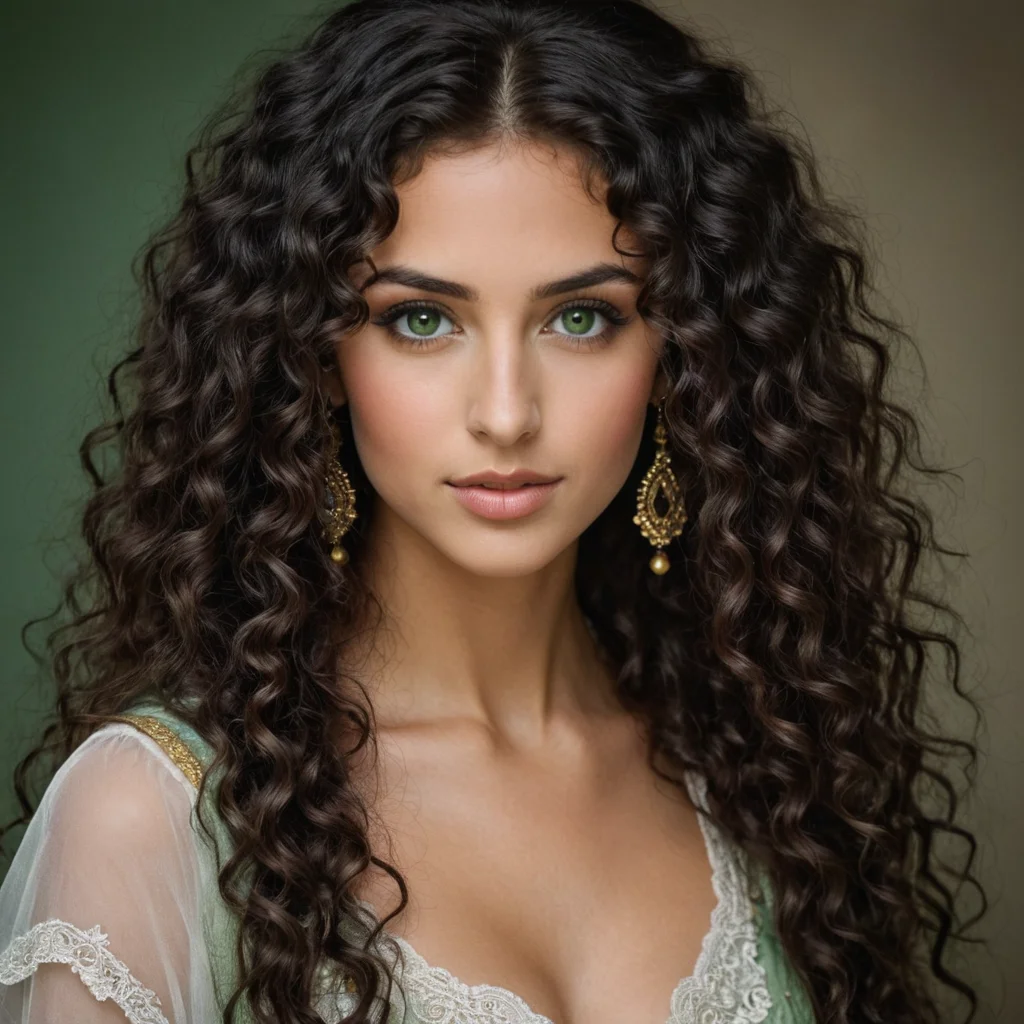عيون صغيره جدا خضرا وجه صغير فم كبيررررر انف طويل جداااا شعره غجري طويللل جدا كيرلي