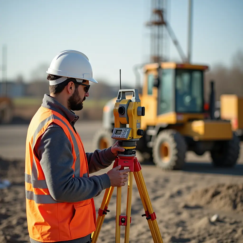 إنشاء صوره مهندس مساحه بتواجده في الموقع ويستخدم الاجهزة المساحية وبجواره معدات