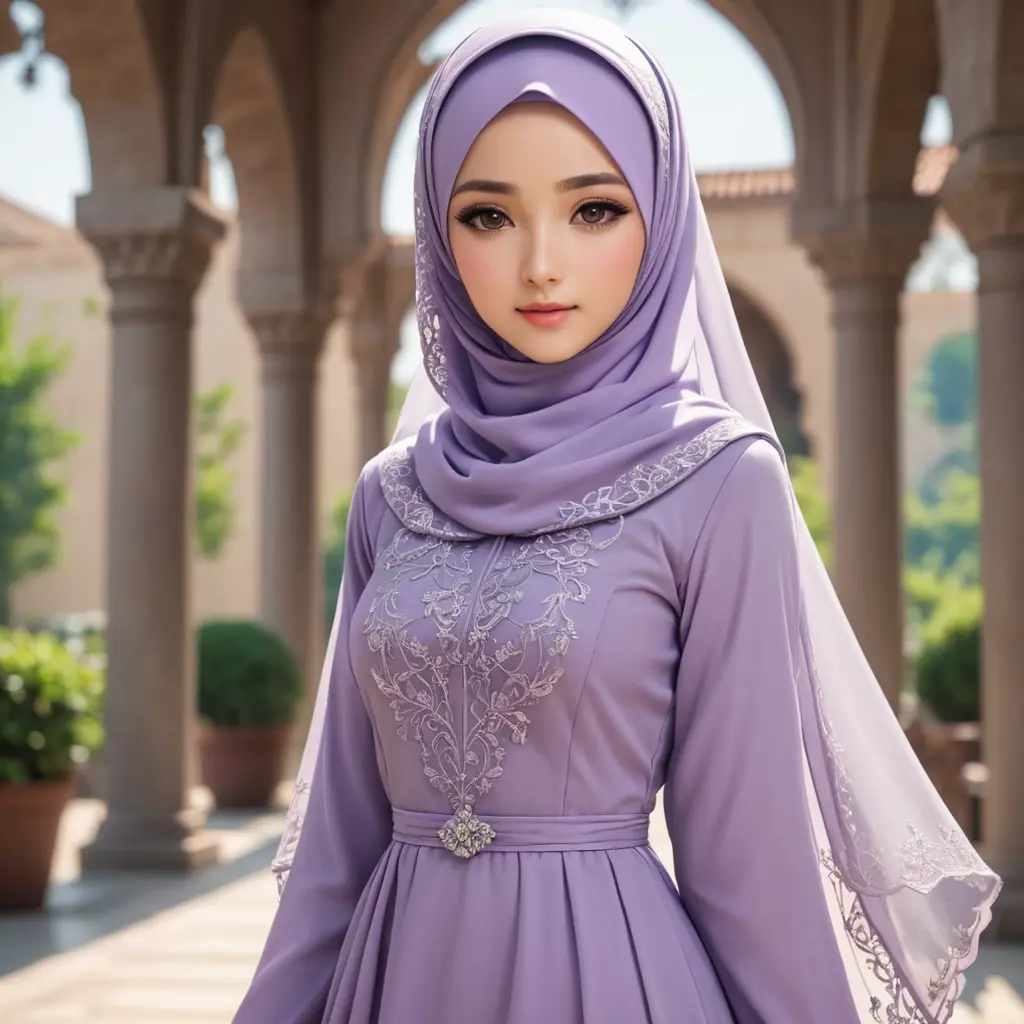 فتاة انمي مسلمه جميلة انمي محجبة محتشمة لون حجبها لافندرى وترتدي فستان لافندرى طويل بشدة الجمال