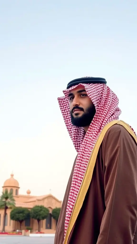 صورة رجل سعودي لابس بشت بني وشماغ احمر وابيض يقف و امامه مجموعة مباني تراثية سعودية و شجر و تظهر السماء في الصورة