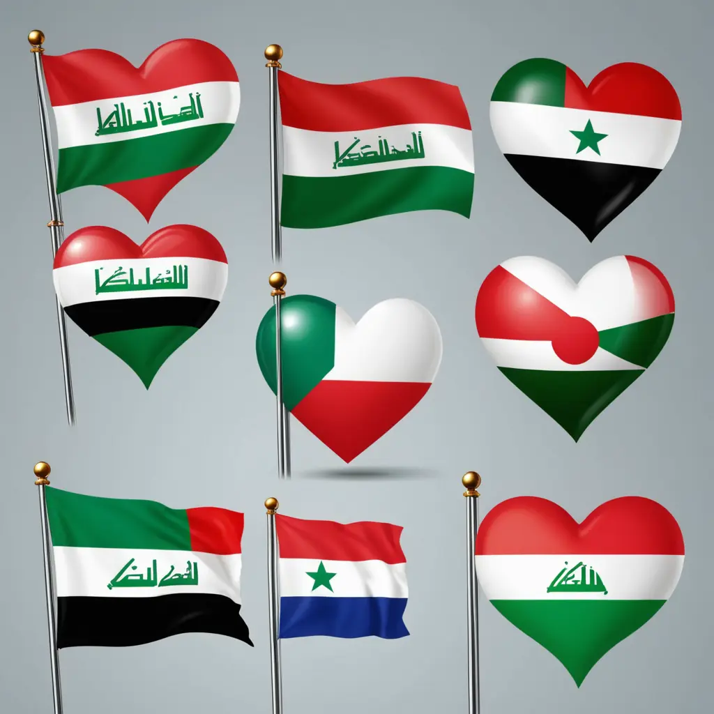 علم العراق مع علم فلسطين مع علم اليمن مع علم لبنان مع علم ايران مع قلب