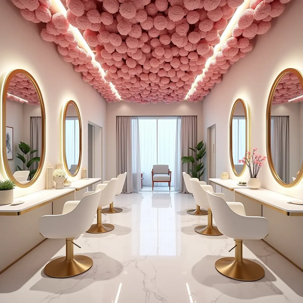 Creative architectural design, women's beauty salon, modern style, large hall, the entrance space of the hall can be seen, the entrance space is decorated with a flower ceiling, modern white lacquered furniture, gold and white chairs, white marble flooring, champagne gold mirrors and tables, chandeliers Modern circle, artistic taboos, designed and detailed ceiling, designed walls, space full of tiny pink flowers, realistic, linear lighting for the ceiling