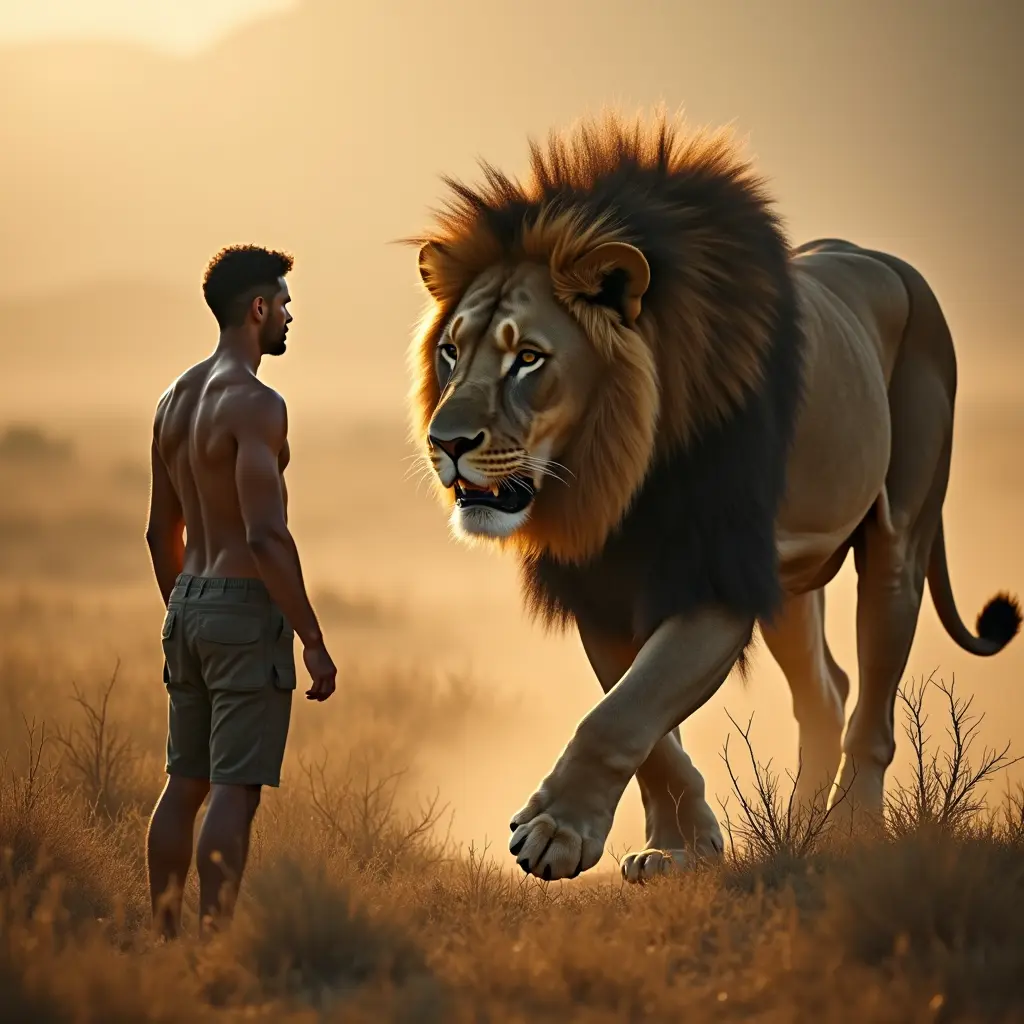 تخيل رجلًا واقفًا بشجاعة وهدوء، بينما اسد كبير ينزلق أمامه. الرجل يواجه الاسد بثقة كاملة، لا يظهر عليه أي خوف. عيونهم تتلاقى في نظرة تحدي، وكأنهما يتحديان بعضهما البعض