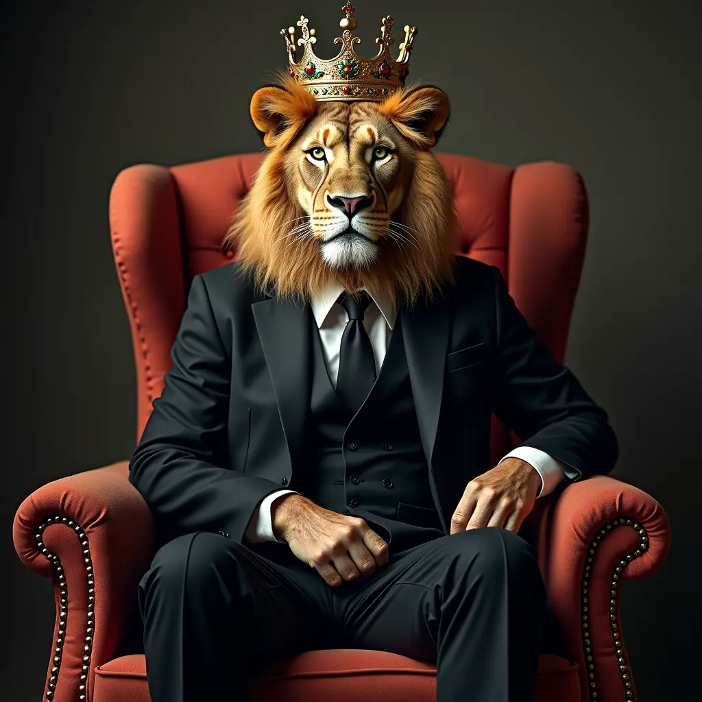 صورة ل أسد يرتدي بدلة سوداء و يجلس علي كرسي ملك و يرتدي تاج