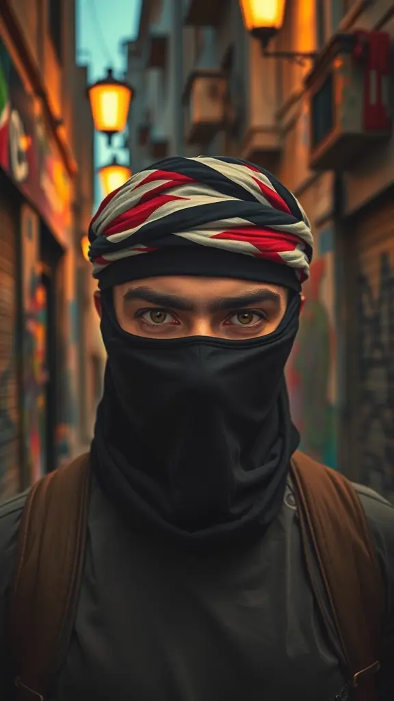 يقف رجل ملثم يرتدي كوفية فلسطينية، لا يظهر منه سوى عينيه، في زقاق عتيق تُضاءه مصابيح شوارع ناعمة ودافئة. الجدران المحيطة به مزينة بجداريات وكتابات غرافيتي نابضة بالحياة، تُضفي عليه سحرًا وتمردًا حضريين. الخلفية ضبابية للتركيز على شدة نظراته، على خلفية مشهد مدينة فلسطينية صاخبة عند الغسق. بأسلوب لوحة زيتية واقعية، تُجسد ثراء نسيج وألوان المكان.