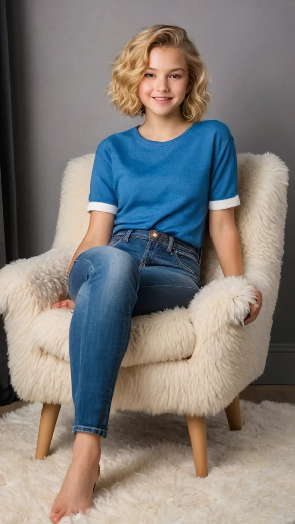 beautiful 13yo girl ((blonde frizzy natural hair in a bobcut)) (wearing a short top and jeans) sitting on a fluffy sheepskin in an armchair