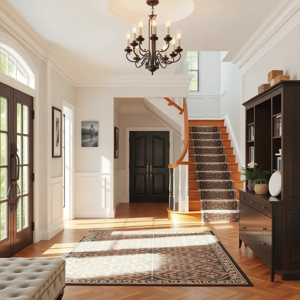 اريد خلفية ديكور منزلى داخلى يكون السلم الداخلى والطرقة ظاهرة فى المشهد