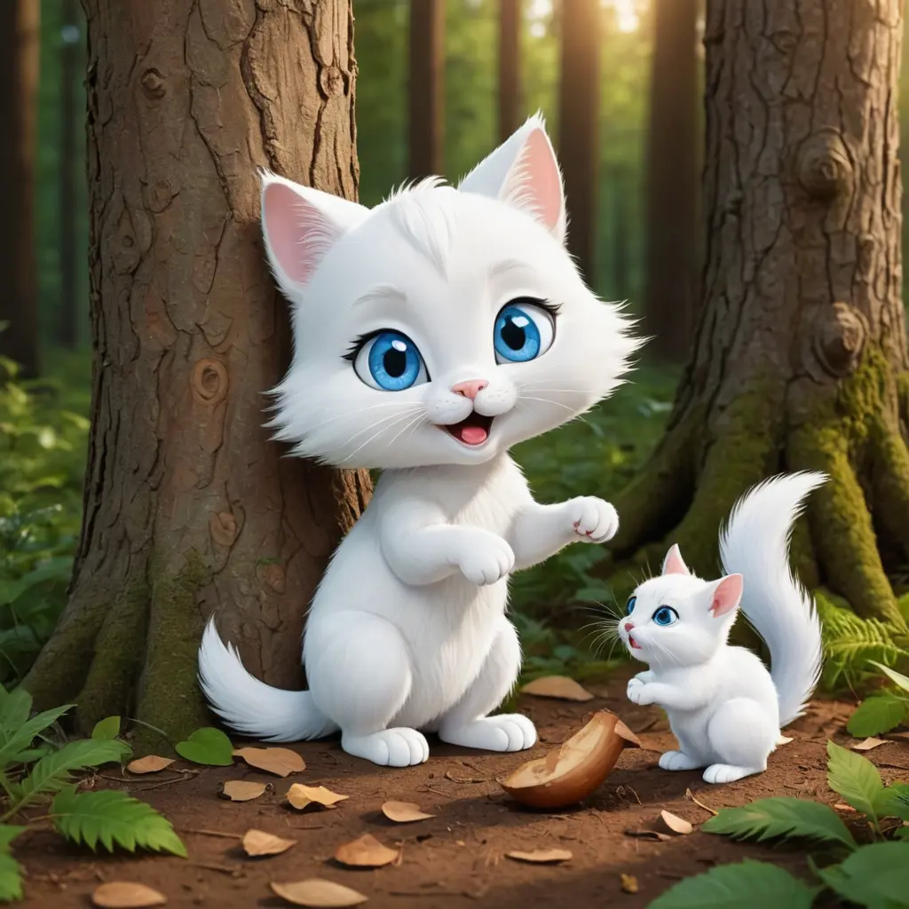 A white cat with blue eyes in the forest feeds a sad little squirrel under a tree in the forest cartoon