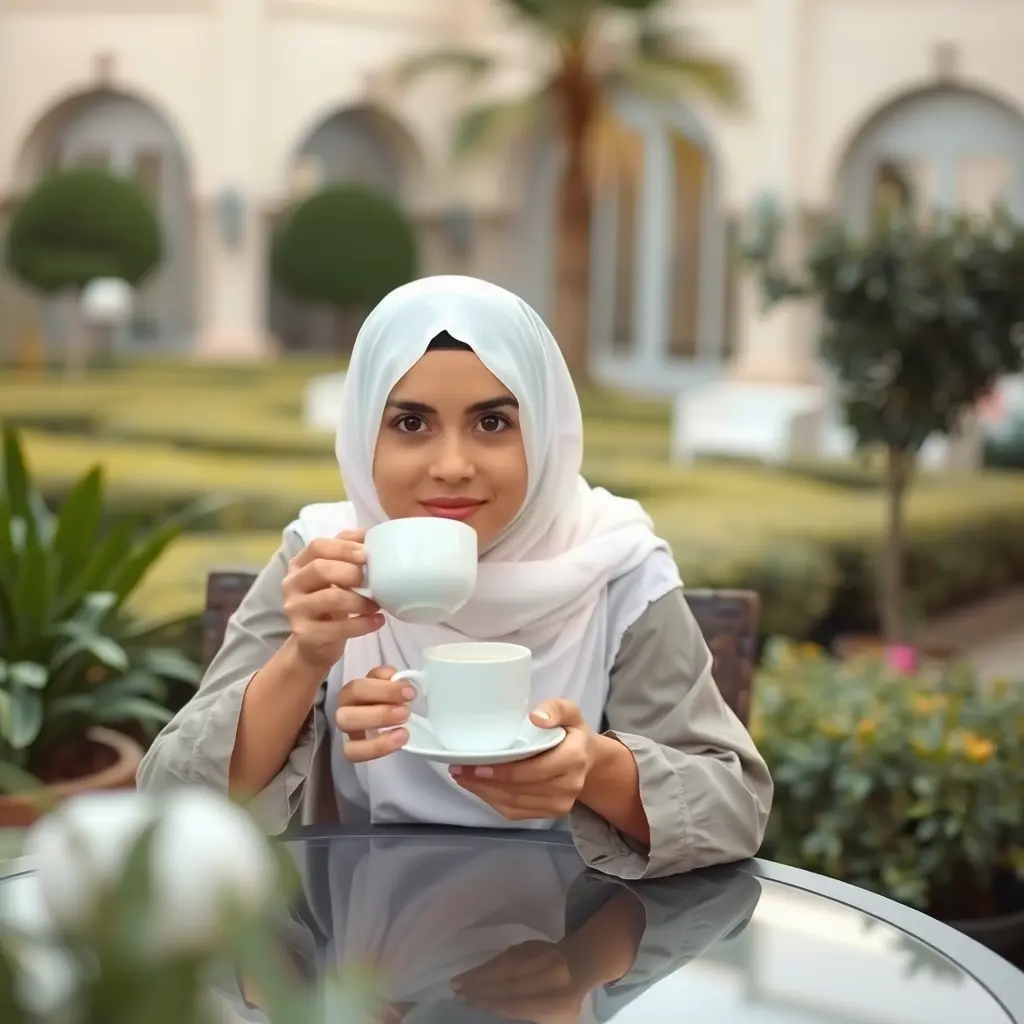 اعمل لى صوره بنت سعوديه تشرب القهوه فى حديقة المنزل