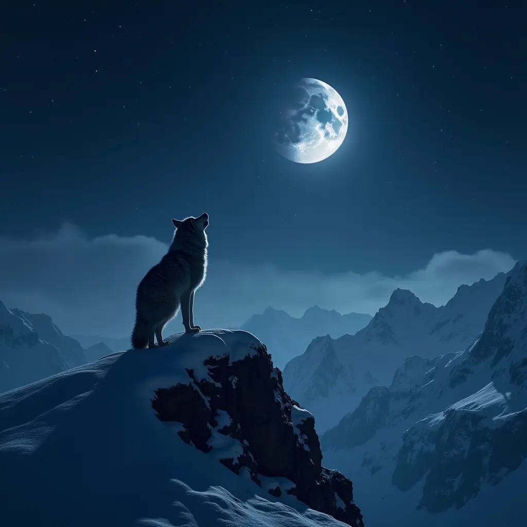 صورة ذئب في أعلى الجبل الثلوج و هو ينظر إلى السماء في اليل