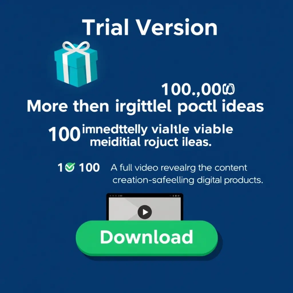 A realistic and professional promotional graphic designed for social media or a website. Use a modern dark blue textured background (like a paper or gradient surface). Add a realistic gift box icon (3D or shadowed flat style) at the top. Display the main title "Trial Version" in bold white sans-serif font. Underneath, write "More than 100,000 digital product ideas" in a clean, professional font. Include a green checkmark badge next to the phrase "100 immediately viable digital product ideas" in a semi-bold font. Below that, show a still image of a laptop or video thumbnail with a play button, representing "A full video revealing the secrets of content creation and selling digital products." At the bottom, add a realistic download button with subtle shadows and gradient, labeled "Download" in bold text. Overall design should look realistic, modern, and conversion-focused — like a professional software or course ad.