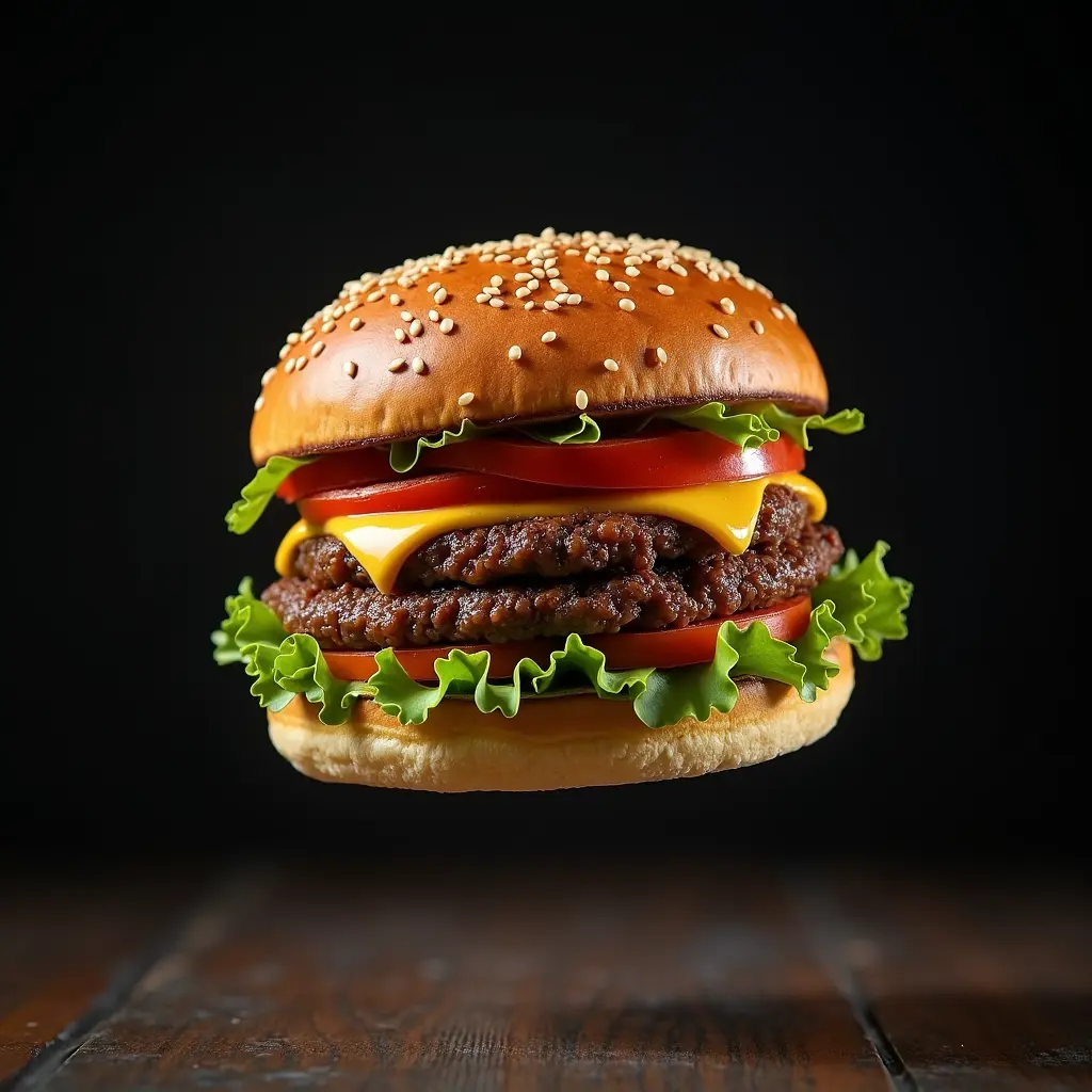 Delicious burger sandwich , floating in the air, cinematic, food professional photography, studio lighting, studio dark background, advertising photography, intricate details, hyper-detailed, ultra-realistic.