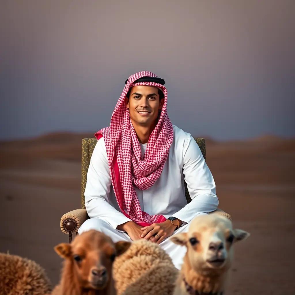 صوره لكرستيانو رونالدو لابس ثوب وشماغ وقاعد على كرسي بالصحراء وقدابمه نياق وغنم