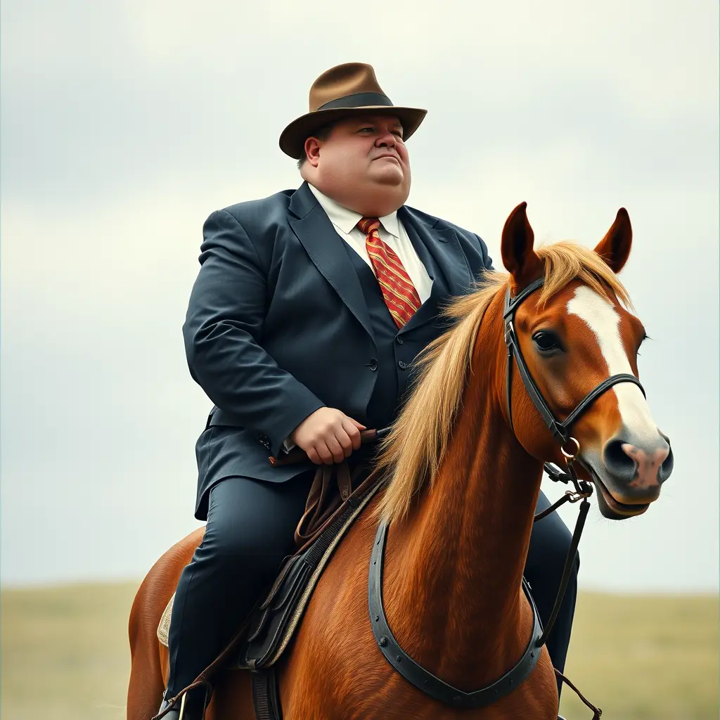 رجل سمين يلبس بدله و يركب حصان