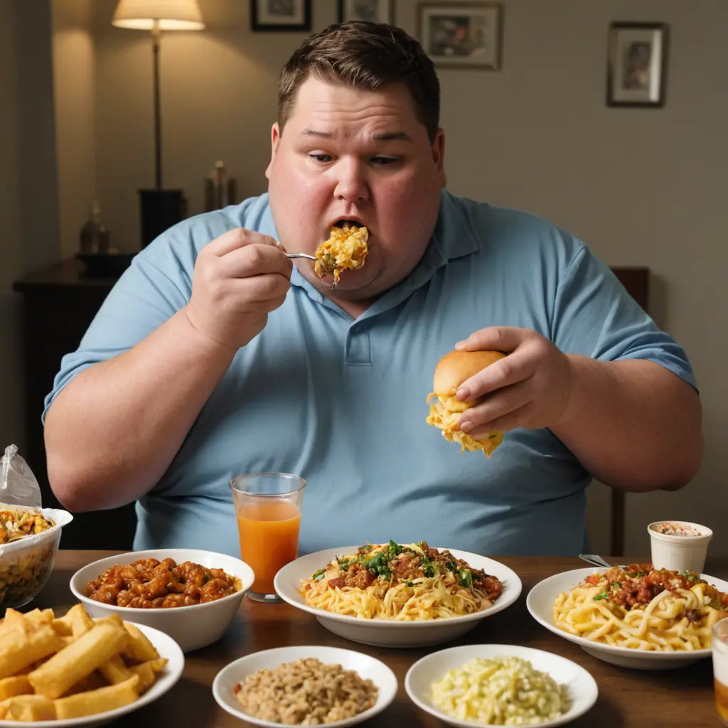 رجل سمين ياكل بنهم شديد وامامه كمية متنوعة من الطعام الجاهز فى مشهد مقزز يحذر من السمنة والاكل السريع