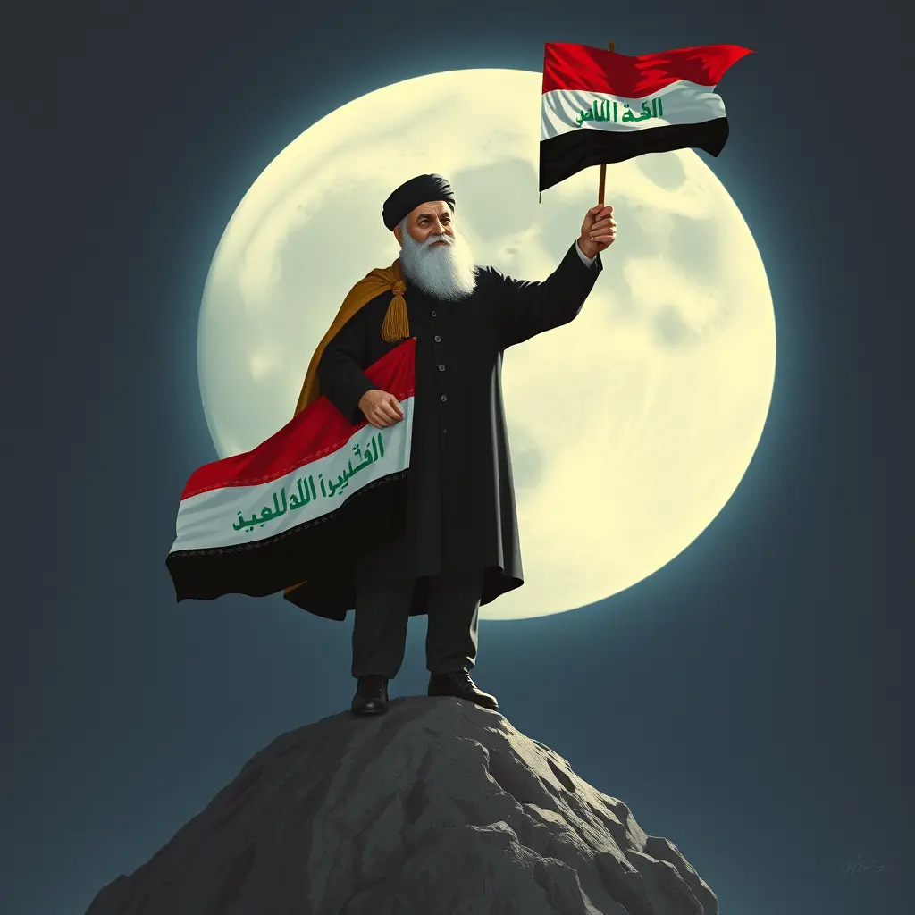 صورة سيد مقتدى الصدر واقف على القمر ويحمل بيده علم العراق