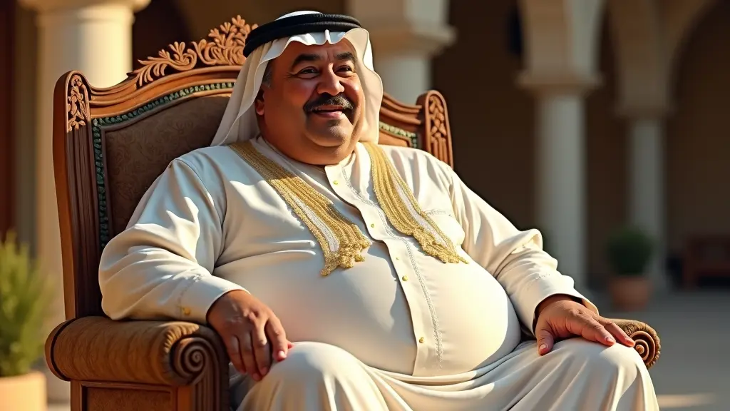 صورة لرجل سعودي سمين، ممتلئ الجسم، في السبعينيات من عمره، جالس على كرسي خشبي منحوت بدقة ونقوش مزخرفة. وجهه مستدير وخدوده عريضة، وابتسامته راضية، وفخذاه ممتلئتان تكادان بعرض جذعه. يرتدي ثوبًا سعوديًا تقليديًا، مزينًا بتطريزات دقيقة، ويجلس في فناء دافئ تحت ضوء الظهيرة. أجواء المكان دافئة وجذابة، بدرجات ذهبية ناعمة تُلقي بظلالها الرقيقة. التُقطت هذه الصورة بأسلوب لوحة رقمية مفصلة، بنسيج غني وإضاءات دقيقة.