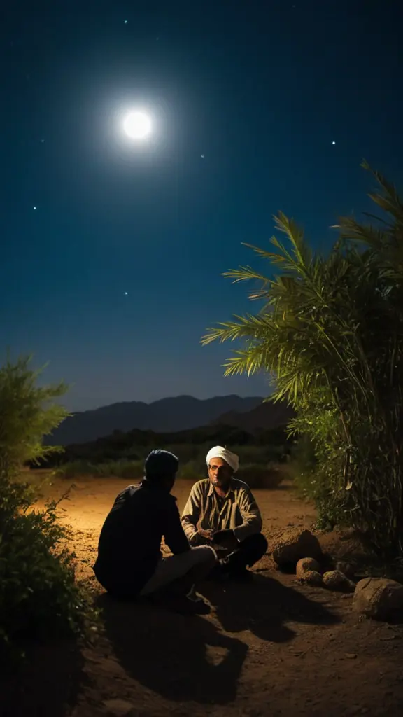 يتسامرون بالليل بقرب الزرع تحت ضوء القمر بالريف في اليمن