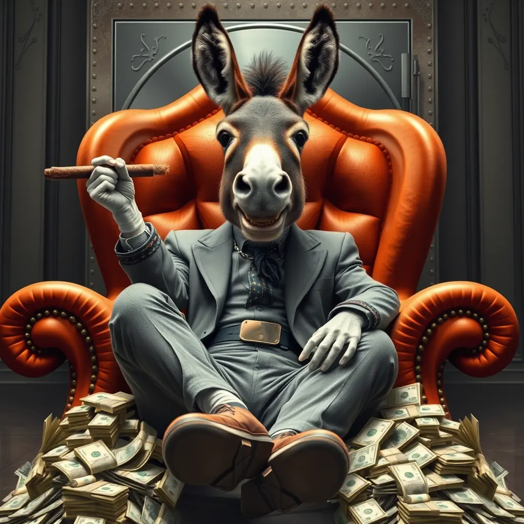 حمار يجلس على كرسي فخم ويضع رجل على الأخرى ويمسك بيده سيجار وحوله الكثير من المال وخلفه خزينة كبيرة والصورة توضح الغنى الفاحش وعلى وجه الحمار ابتسامة عريضة