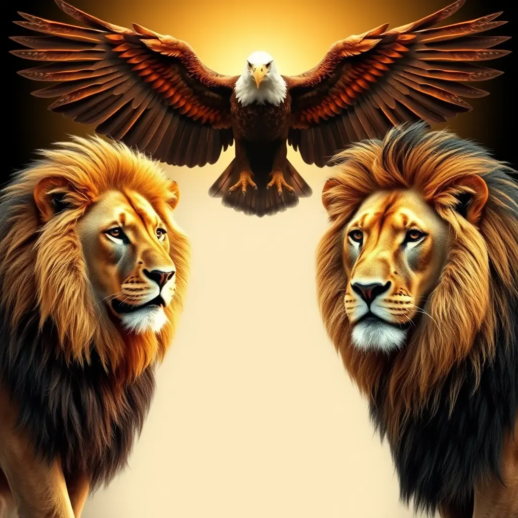 صورة أسد على اليمين واسد على الشمال وفي الخلفية نسر فارد جناحيه وفي المنتصف بين الاسدين فراغ