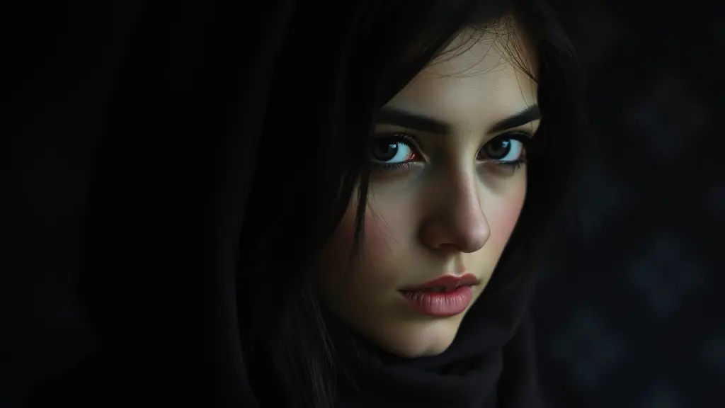 صورة لفتاة بعمر 30 حالمة. الصورة غامضة وغامقة وملامح عربية