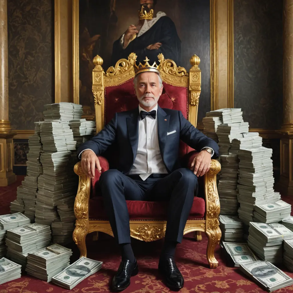 رجل غني جدا يجلس على كرسي ملكي على رأسه تاج من ذهب في غرفة ممتلئة بحقائب من المال