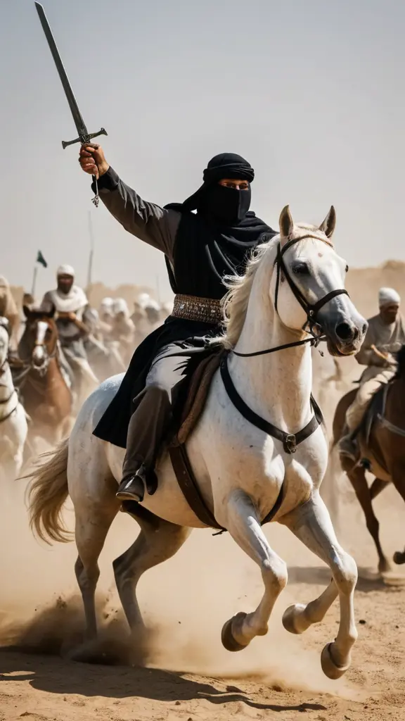 مقاتل عربي قديم في معركة اسلامية مشهر سيفة على فرسة يقاتل وسط المعركة وهو ملثم في صورة أسطورية