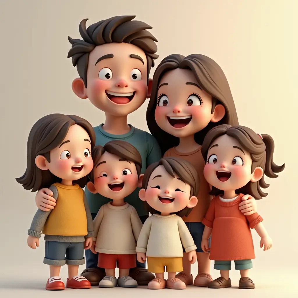 صوره عائليه بالذكاء الصناعي وثلاثية الابعاد تتكون من الاب وعمره ٤٥ عام و أم عمرها ٤٠ سنه مع ولدان عمرهما ١٥ سنه و ٣ سنوات وبنتين عمرهما ١٢ سنه و ٨ سنوات ولابد من إظهار العمر عليهم، عائله تحب بعضها البعض ويضحكون بحب وأمل