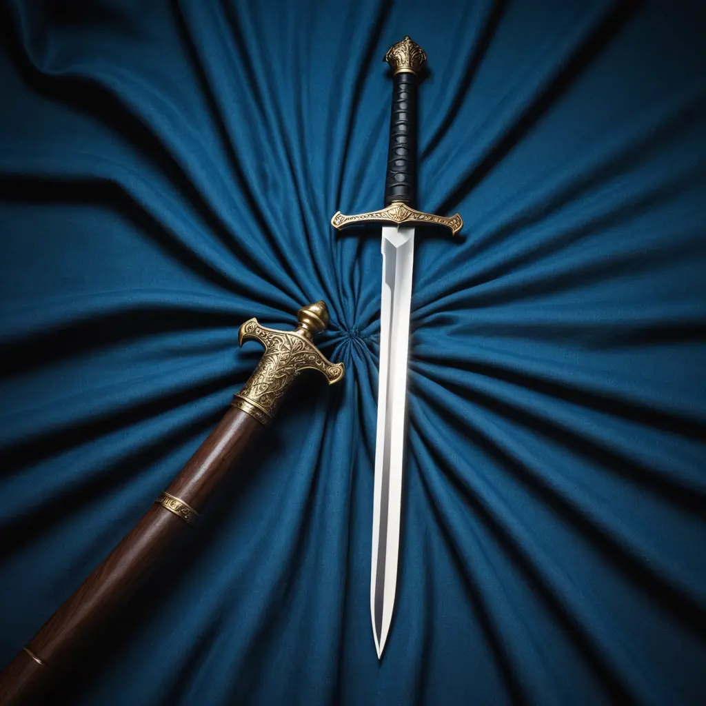 صورة لسيف يلمع على قطعة قماش زرقاء