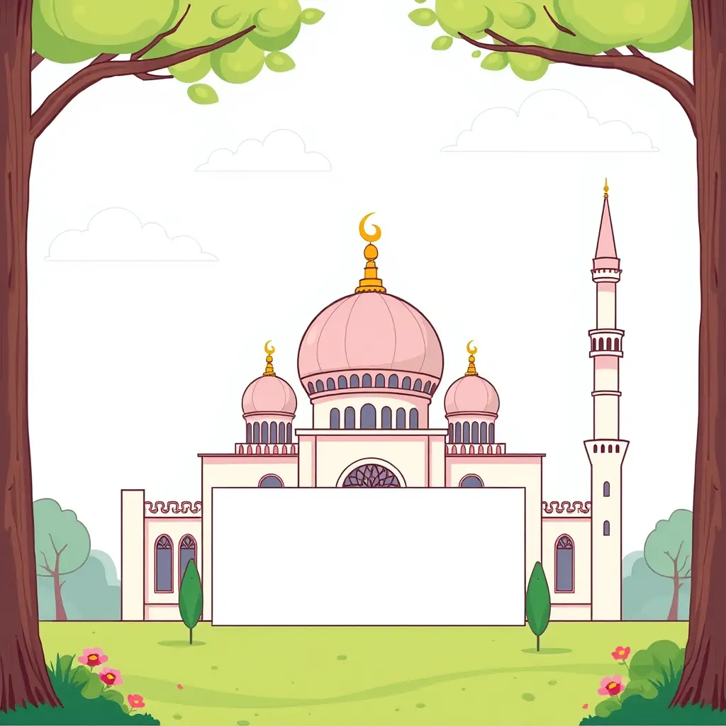 مسجد جميل كرتون، وعلى اليمين مستطيل فارغ يتناسق مع الصورة لكتابة عبارات