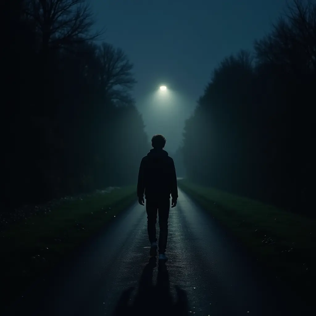 صوره لشاب في الظلام ويمشي في الطريق مظلم وفي نهاية الطريق نور صغير