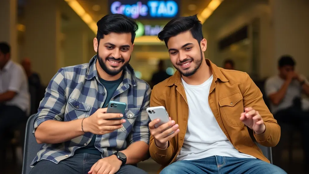 شابين يجلسان مع بعض ويمسكوا هواتفهم