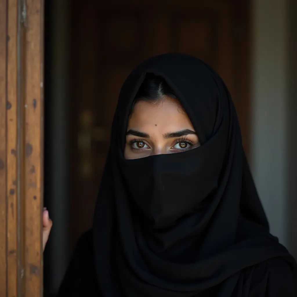 فتاة سمراء مطلقة ثلاثينية تلبس النقاب اليمني الأسود الذي يغطي الوجه ما عدا العيون  و تنظر من طرف الباب تجاه شخص ما و عيونها مليئة بالإغراء و المكر و الغيرة و بالشهوة و الشغف و الرغبة الجامحة فيه و كأنها تقول له تعال فأنا أريدك