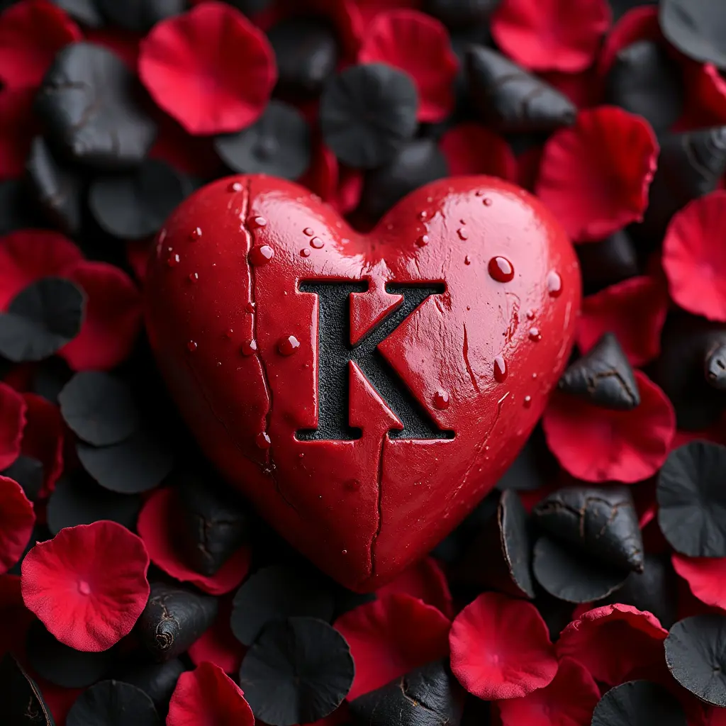 صور قلب حقيقي مفور عليه حرفK وينزف دم وعليه ورق ورد احمر واسود مثور