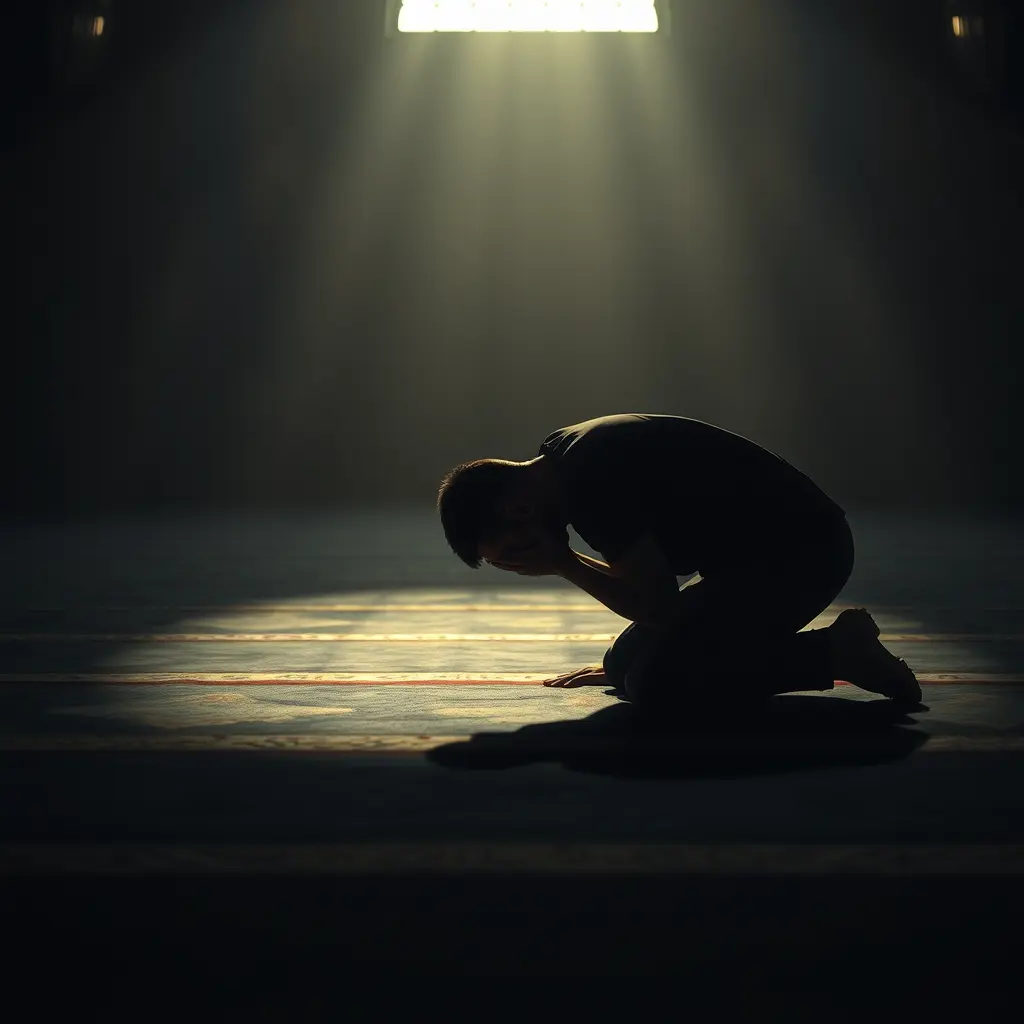 صمم لي صوره لشخص ساجد يصلي إضاءة خافته منظر سينمائي