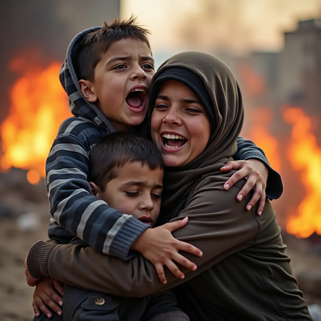 تصوير لماذا يحدث في فلسطين وام فلسطينيه تحضن ابنها المحطم وراس محطمه واخوه وصارخ بشده ترفع ابنائها جدا جدا وتصارخ و تبكي والنار حولها وتصرخ