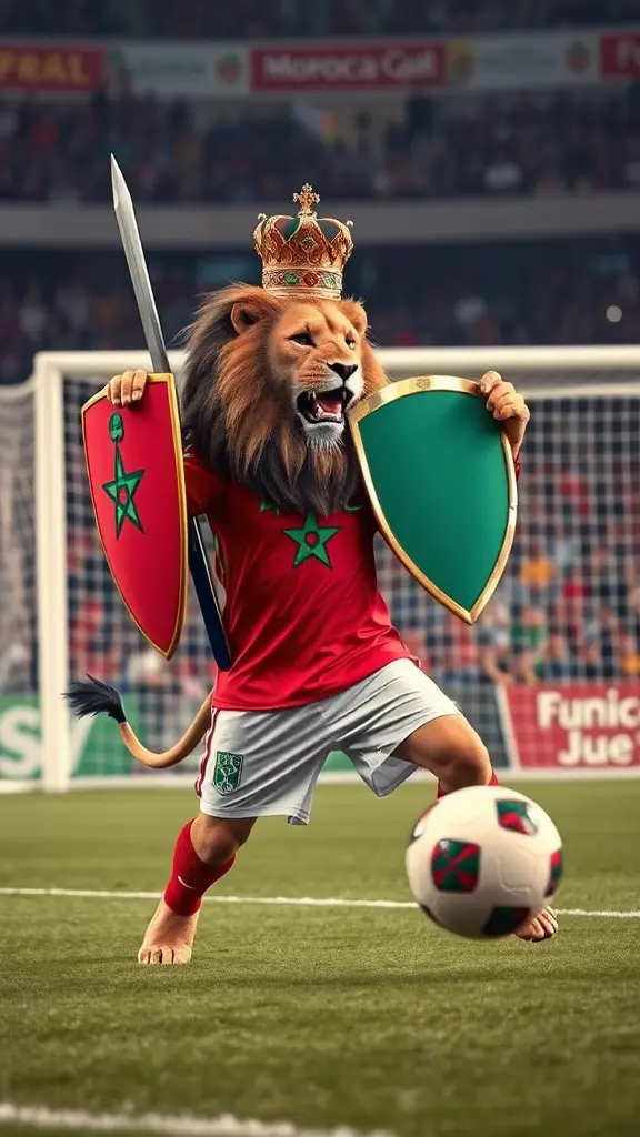 اسد الاطلس المغربي يرتدي قميص المنتخب المغربي و يحمل درعا و سيف وثاج على رأسه .امام المرمى يسجل هدف وسط الملعب كرة القدم