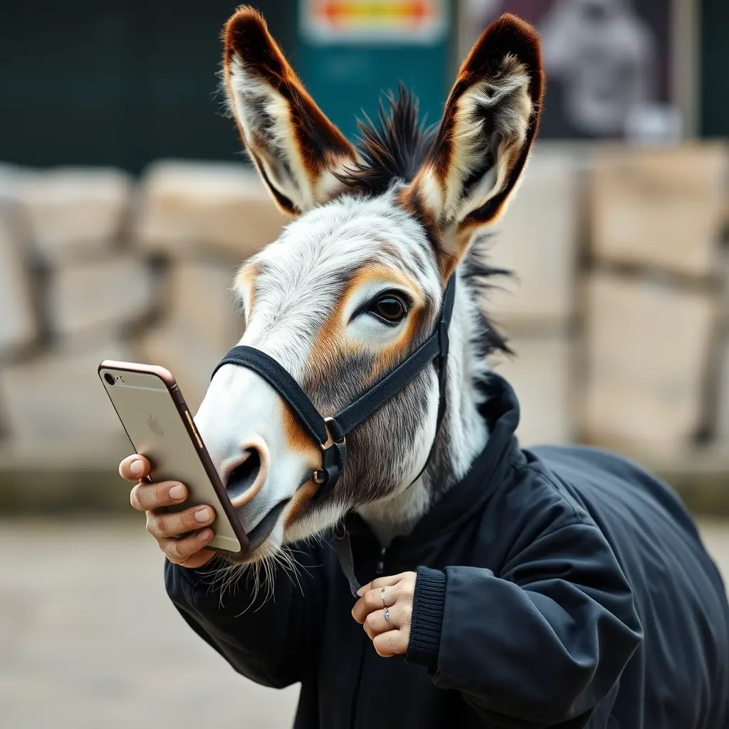 حمار لابس ابيض واسود وحامل موبايل