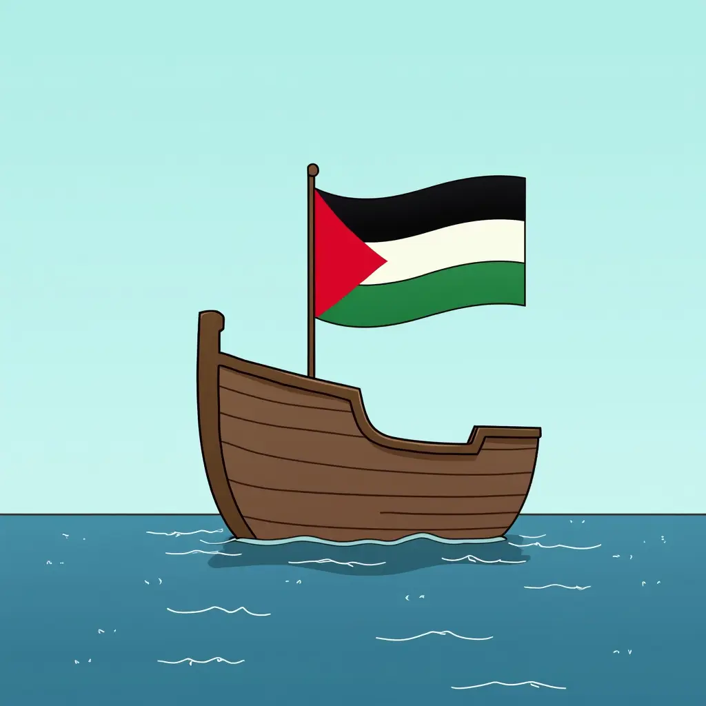 كرتون سفينة بنصف البحر تحمل اعلام فلسطين