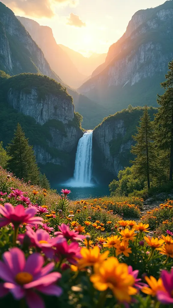 "A breathtaking high-definition garden full of vibrant, colorful flowers in the foreground, nestled between two majestic mountains. A mesmerizing waterfall flows from the gap between the mountains, sparkling in the morning sunlight. Behind the waterfall, a soft golden sunrise glows above the peaks. Lush, green trees surround the base of the mountains, adding depth and natural beauty. The entire scene is peaceful, magical, and rich with vivid colors, in ultra-realistic 4K detail."