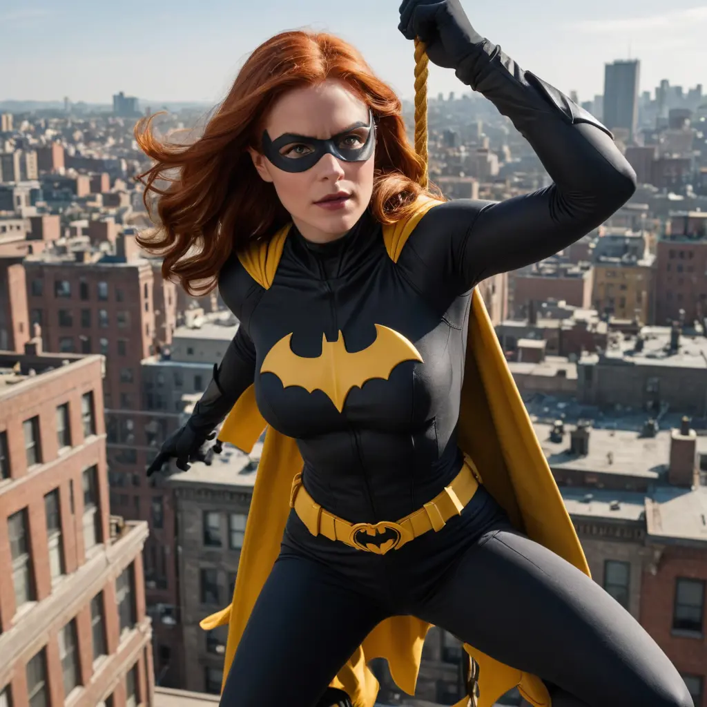 Barbara Gordon without mask in batgirl costume hanging by the end of the rope swinging high above rooftops, full body